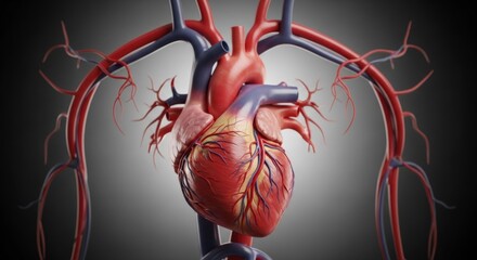3D rendering of human heart with visible arteries and veins, central to circulatory system