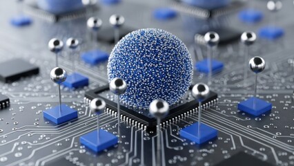 A blue textured sphere at the core of a stylized circuit board with various chips and connections