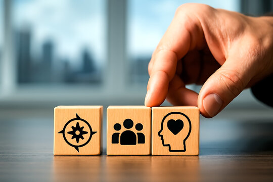 Leadership and Values Icons – Compass, Teamwork, and Empathy Symbols on Wooden Blocks with City Office Background - Powered by Adobe