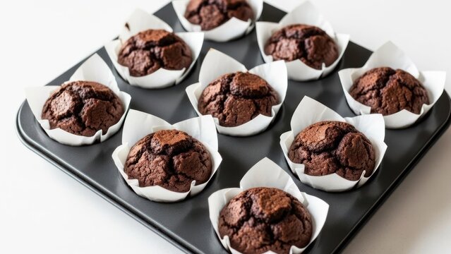A baking tray filled with eleven freshly baked, dark chocolate muffins in white paper liners