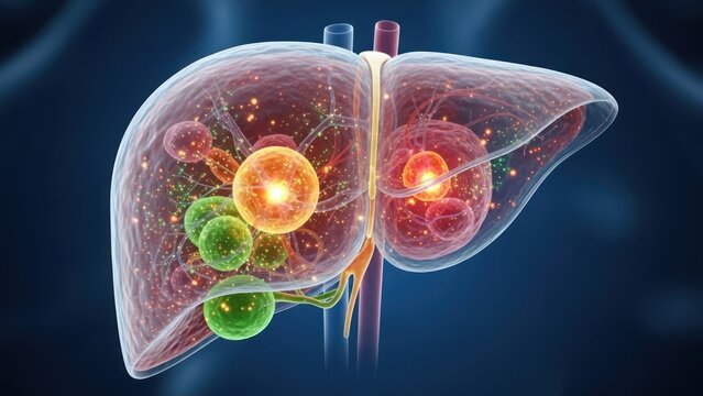 3D translucent liver model with glowing, varied internal cells, diseases, or treatments