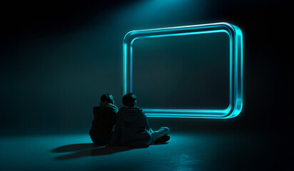 Neon poster of two kids sitting in front of huge glowing rectangular frame. Concept of digital immersion, visual storytelling, futuristic displays, and atmospheric anticipation before content playback