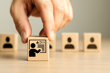 Presentation and Selection Icon – Wooden Blocks Depicting Instructor with Chart and Audience for Leadership and Training Concepts