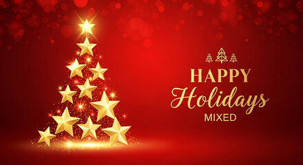 Abstract Christmas tree made of glowing golden stars on red bokeh