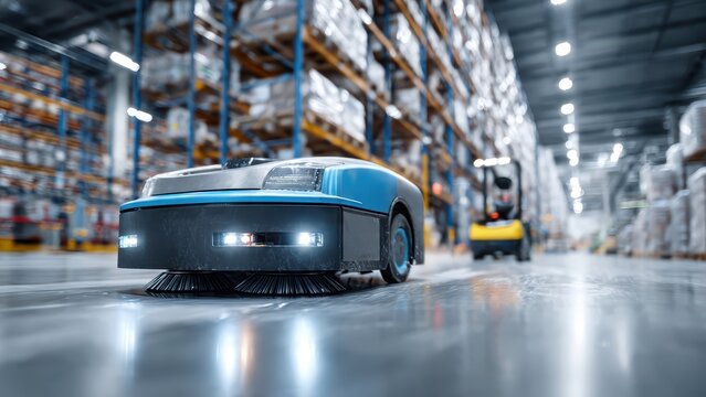 Autonomous cleaning robot working in modern warehouse