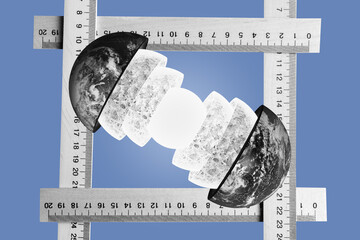 Collage with a divided Earth and and wooden rulers