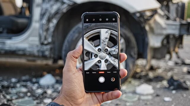 Male hand holding a smartphone and taking a picture of a broken wheel after a car accident for insurance documentation. The vehicle is completely destroyed with shattered glass on the ground
