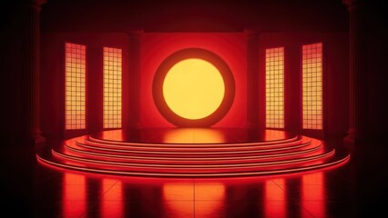 A glowing orange sphere rests on red-lit steps within a futuristic, symmetrical chamber