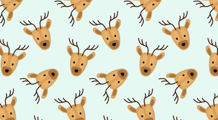 Obraz premium Flat vector seamless pattern featuring adorable tan deer heads with antlers on light cyan background. Charming holiday motif perfect for wrapping paper, textiles, wallpapers, invitations, kids apparel
