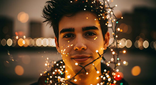 Young man wrapped in glowing fairy lights celebrates the holidays with a captivating smile, radiating warmth and festive cheer in a modern, stylish setting perfect for seasonal campaigns