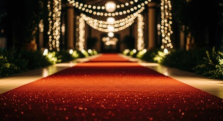 A long red carpet leading through an elegant venue adorned with glowing string lights