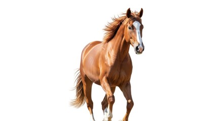 Fototapeta premium A majestic brown horse with a white blaze and flowing mane trots on a white background