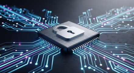 A padlock icon rests on a microchip, surrounded by glowing data pathways on a circuit board