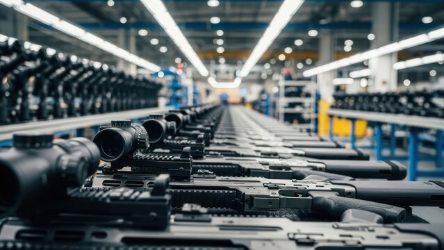 A long line of modern rifles with scopes on a factory assembly line, ready for production