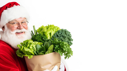 Santa Claus on a white background holding a paper bag filled with fresh vegetables and fruits and smiling warmly. A fun and festive image promoting healthy eating, organic products, Christmas shopping
