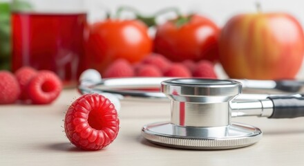 A ripe raspberry next to a stethoscope, with blurred fresh fruits and juice in background