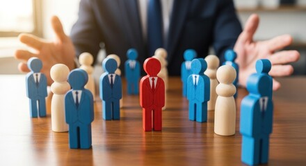 A red figure stands out among many blue and beige pawns on a wooden table; hands gesture