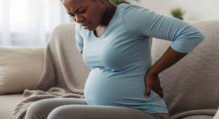Obraz premium A pregnant woman suffering back pain, grimacing and holding her lower back while seated