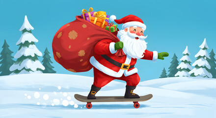 Santa Claus effortlessly cruises through a snowy winter wonderland on a skateboard, bringing joy and gifts for a modern holiday season celebration with a touch of playful fun