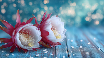 Dragon Fruit blossoms placed on wooden surface