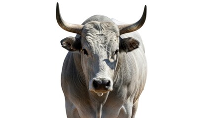 Naklejka premium A white bull with prominent horns stares directly forward, isolated on a white background