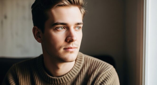A young man in a brown sweater gazes pensively out a sunlit window