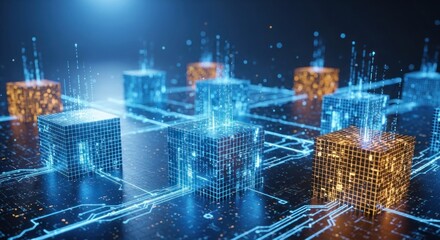 Abstract digital network of glowing blue and orange data cubes with light streams