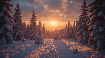 Golden winter sunrise illuminating snowy pine trees above clouds in peaceful mountain landscape