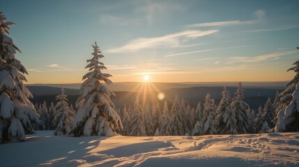 Beautiful sunrise casting warm light over frosted forest and distant cloud-covered valley