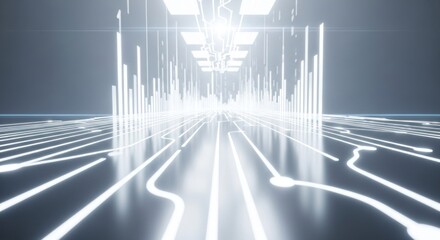 Abstract digital path with glowing white lines, vertical data bars, bright light