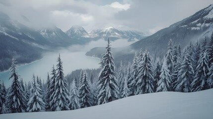 Peaceful snowy mountain landscape with pine trees overlooking frozen lake under soft daylight