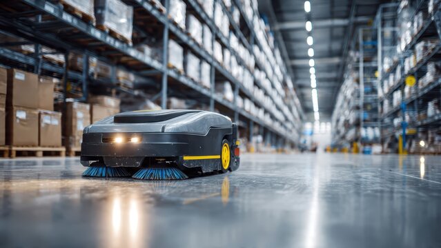 Autonomous cleaning robot working in modern warehouse