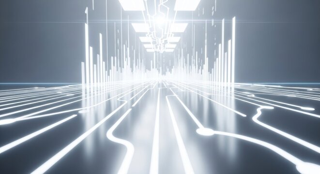 Abstract digital path with glowing white lines, vertical data bars, bright light - Powered by Adobe