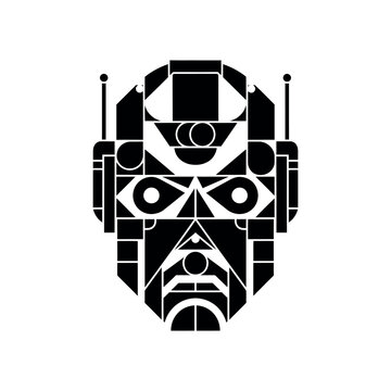 Geometric robotic face illustration created with bold symmetrical shapes representing futuristic technology and abstract mechanical design