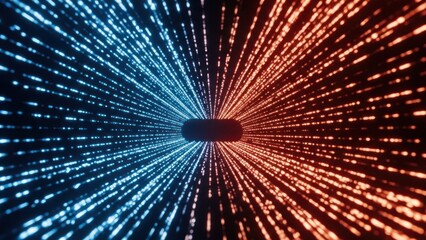 Abstract digital tunnel of glowing blue and orange particles converging to dark center