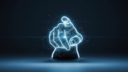 Abstract glowing digital hand pointing gesture, interactive technology dark background