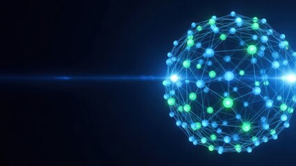 Abstract glowing network sphere of blue and green orbs with a bright light streak