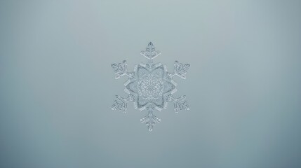 Elegant frozen snowflake shining brightly against minimal frosty background with drifting particles