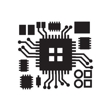 Electronic microchip with connected circuit components arranged in a detailed layout representing modern digital hardware and advanced technology