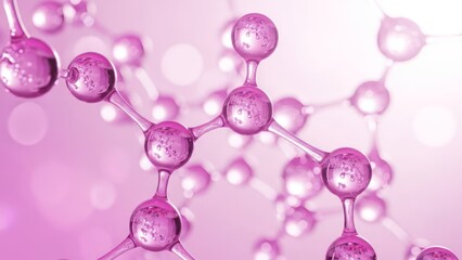 Abstract pink molecular structure with connected translucent spheres and bokeh background