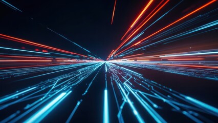 Abstract glowing red and blue light streaks converge rapidly on a dark background, depicting speed