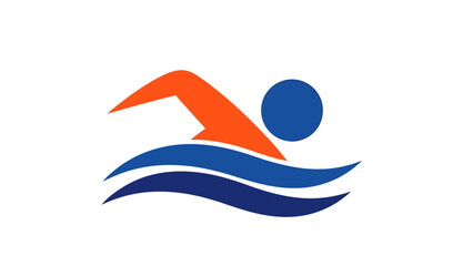 A stylized logo featuring a swimmer in motion, with orange arm and blue body, above blue water waves.