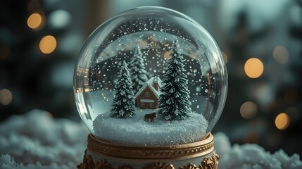 Enchanted crystal snow globe displaying snowy cabin landscape with serene winter atmosphere