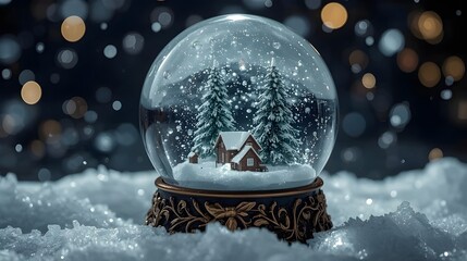 Charming winter cottage snow globe illuminated by dreamy bokeh lights and floating snowflakes