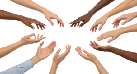 Circle of diverse hands showing unity teamwork and community concept illustrating hands, arm, finger created for