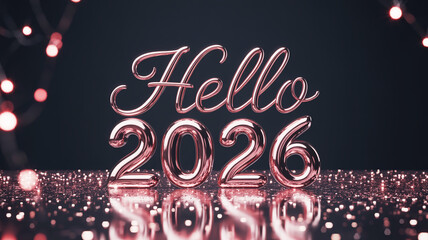 Hello 2026 text with rose gold balloons and bokeh lights
