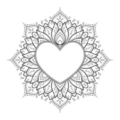 Frame in eastern tradition. Stylized with henna tattoos decorative pattern for decorating covers for book, notebook, casket, magazine, postcard and folder. Flower Heart in mehndi style.
