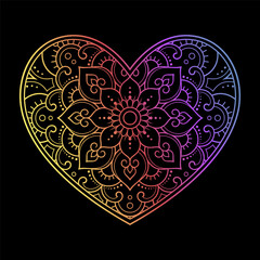 Mehndi flower pattern in form of heart for Henna drawing and tattoo. Decoration in ethnic oriental, Indian style. Valentine's day greetings. Rainbow color pattern on a black background.