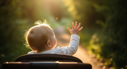 Fototapeta premium Baby, seen from behind, reaches up towards golden sunlight filtering through lush trees
