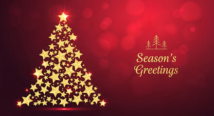 Naklejka premium Season's Greetings Gold Star Christmas Tree on Red Background